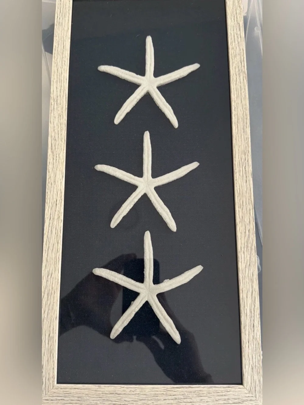 Handcrafted Shadow box w/ 3 starfish on burlap, beige wooden frame W Glass